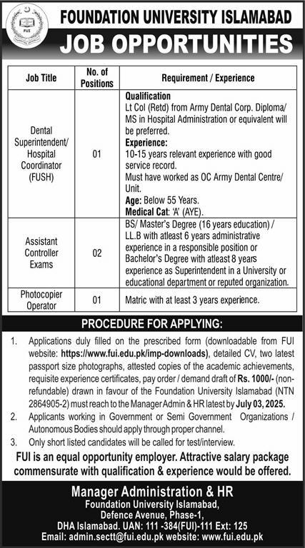 Jobs in Foundation University Islamabad